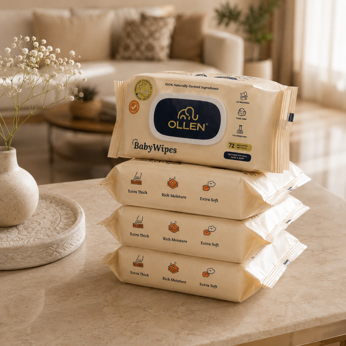 OLLEN PureTouch Baby Wipes ( Wipes Pack of 4 )
