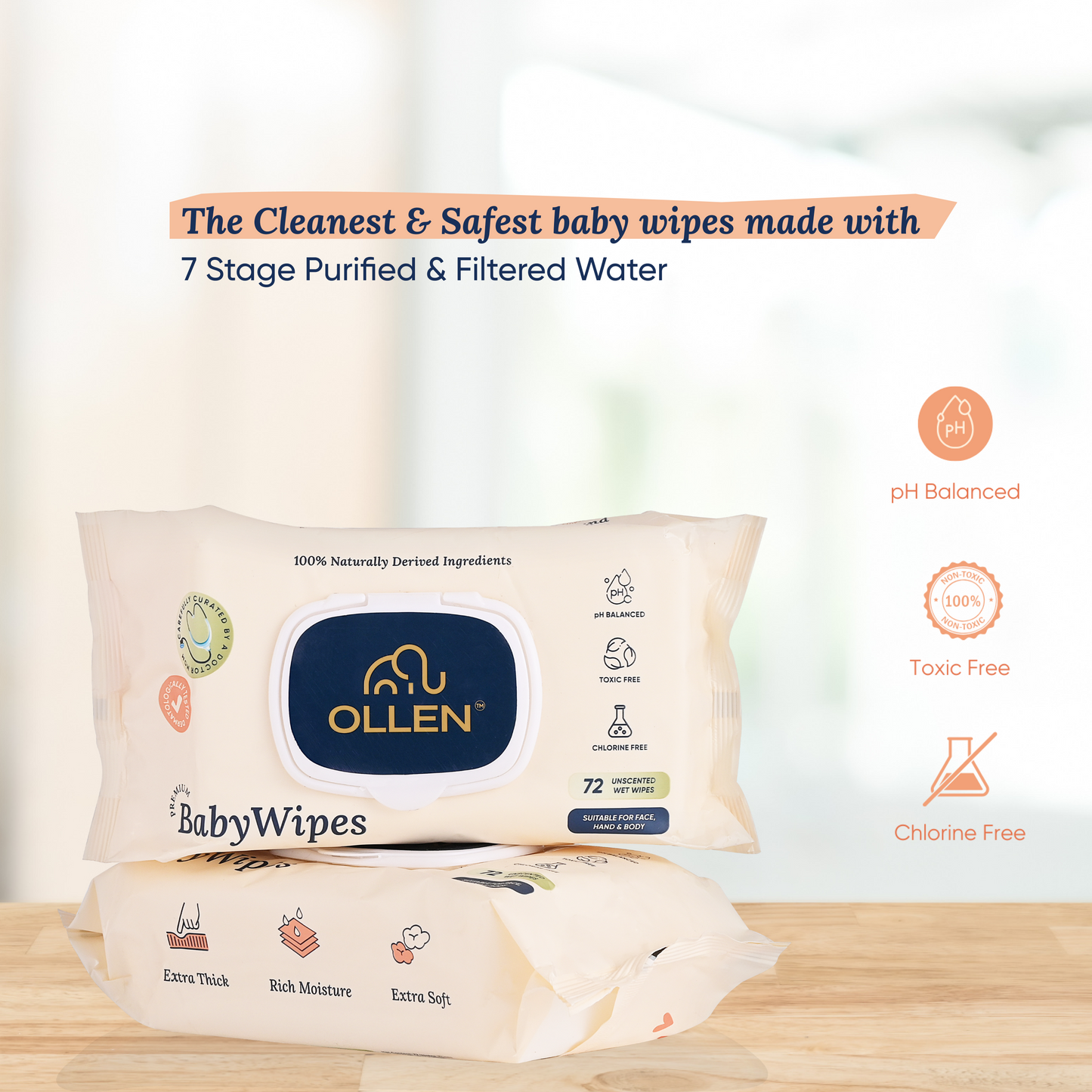 OLLEN Pure water Unscented Baby Wipes with lid- Safe, 100% Plant Made Fabric, Cotton Cloth Like Super thick, Dermatologically Tested- Natural Wet Wipes with Aloe vera & Chamomile ( Wipes Pack of 8 )