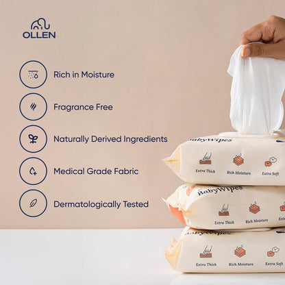 OLLEN Pure water Unscented Baby Wipes with lid- Safe, 100% Plant Made Fabric, Cotton Cloth Like Super thick, Dermatologically Tested- Natural Wet Wipes with Aloe vera & Chamomile( Wipes Pack )