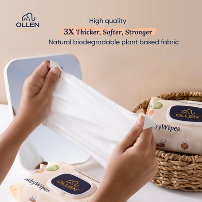 OLLEN Pure water Unscented Baby Wipes with lid- Safe, 100% Plant Made Fabric, Cotton Cloth Like Super thick, Dermatologically Tested- Natural Wet Wipes with Aloe vera & Chamomile( Wipes Pack )