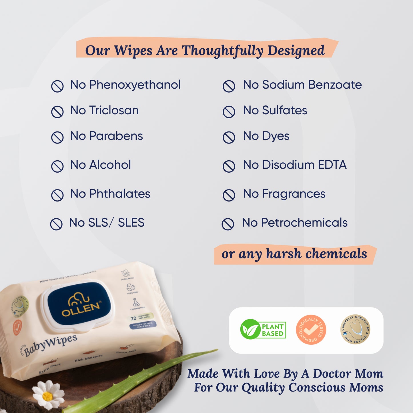 OLLEN Pure water Unscented Baby Wipes with lid- Safe, 100% Plant Made Fabric, Cotton Cloth Like Super thick, Dermatologically Tested- Natural Wet Wipes with Aloe vera & Chamomile( Wipes Pack )