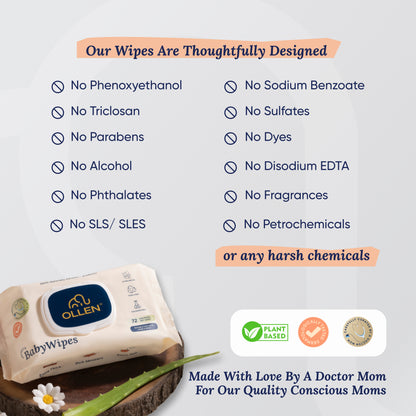 OLLEN Pure water Unscented Baby Wipes with lid- Safe, 100% Plant Made Fabric, Cotton Cloth Like Super thick, Dermatologically Tested- Natural Wet Wipes with Aloe vera & Chamomile( Wipes Pack )
