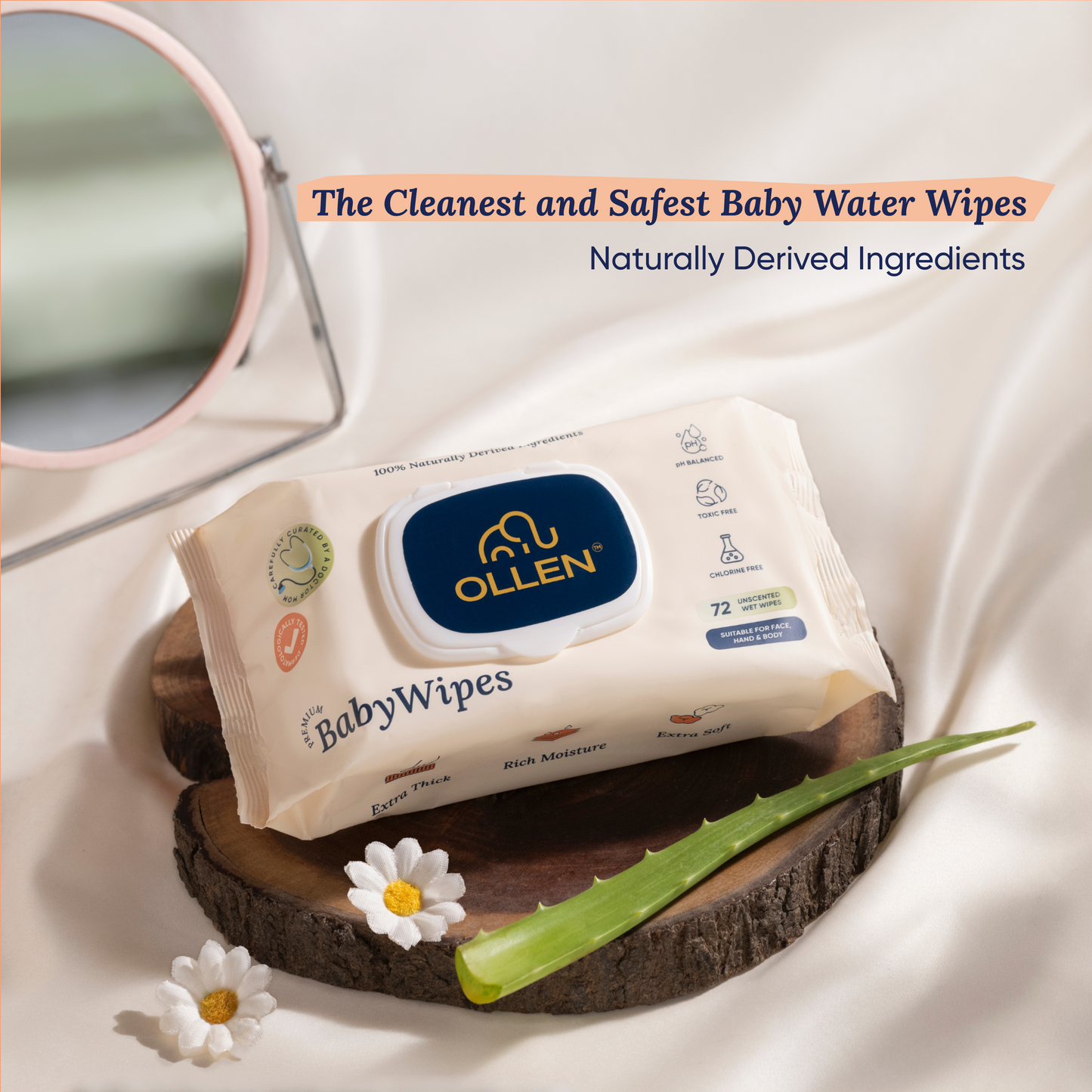 OLLEN Pure water Unscented Baby Wipes with lid- Safe, 100% Plant Made Fabric, Cotton Cloth Like Super thick, Dermatologically Tested- Natural Wet Wipes with Aloe vera & Chamomile( Wipes Pack )