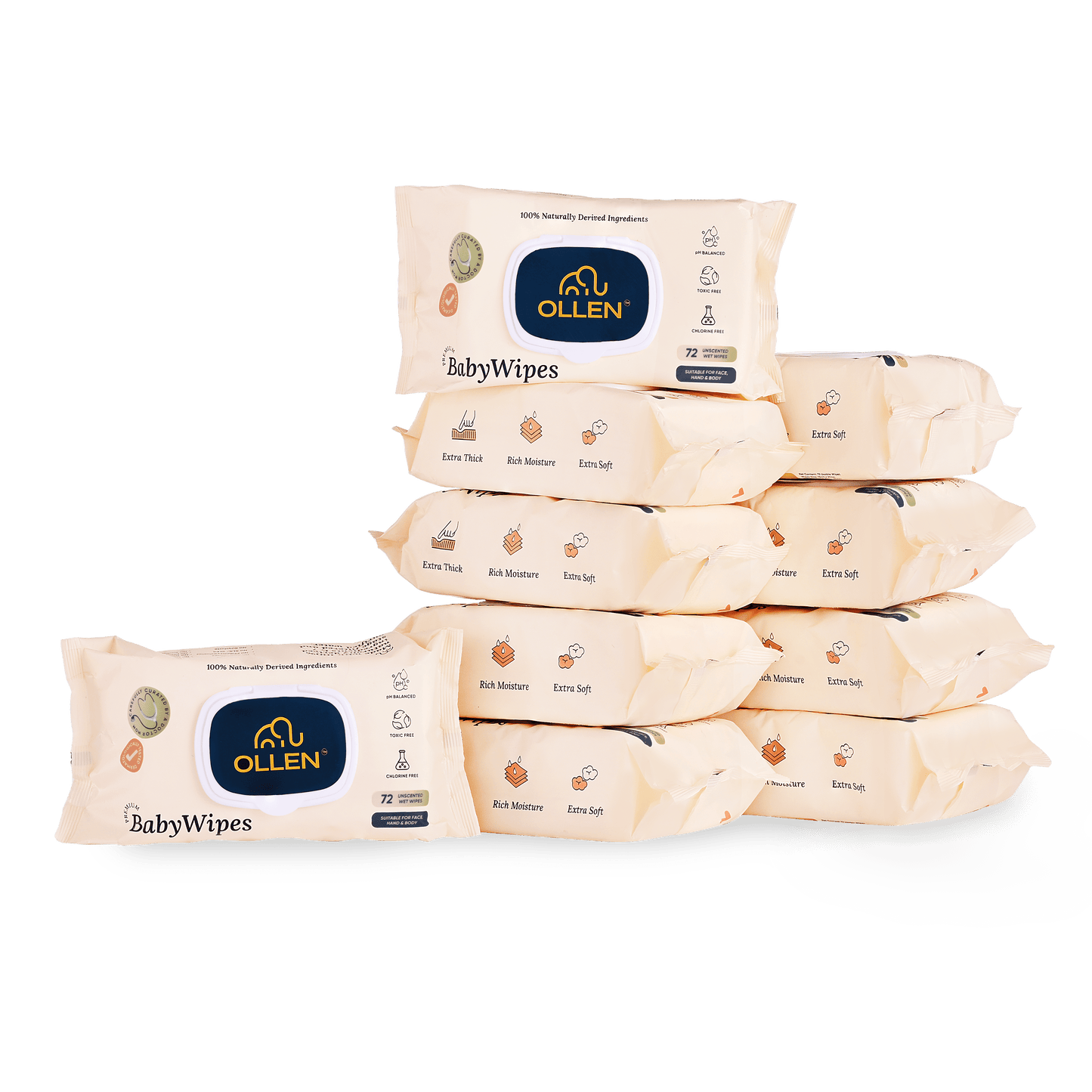 OLLEN Pure water Unscented Baby Wipes with lid- Safe, 100% Plant Made Fabric, Cotton Cloth Like Super thick, Dermatologically Tested- Natural Wet Wipes with Aloe vera & Chamomile ( Wipes Pack of 10 )