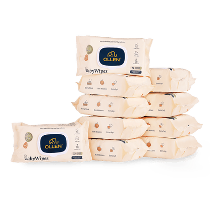 OLLEN Pure water Unscented Baby Wipes with lid- Safe, 100% Plant Made Fabric, Cotton Cloth Like Super thick, Dermatologically Tested- Natural Wet Wipes with Aloe vera & Chamomile ( Wipes Pack of 10 )