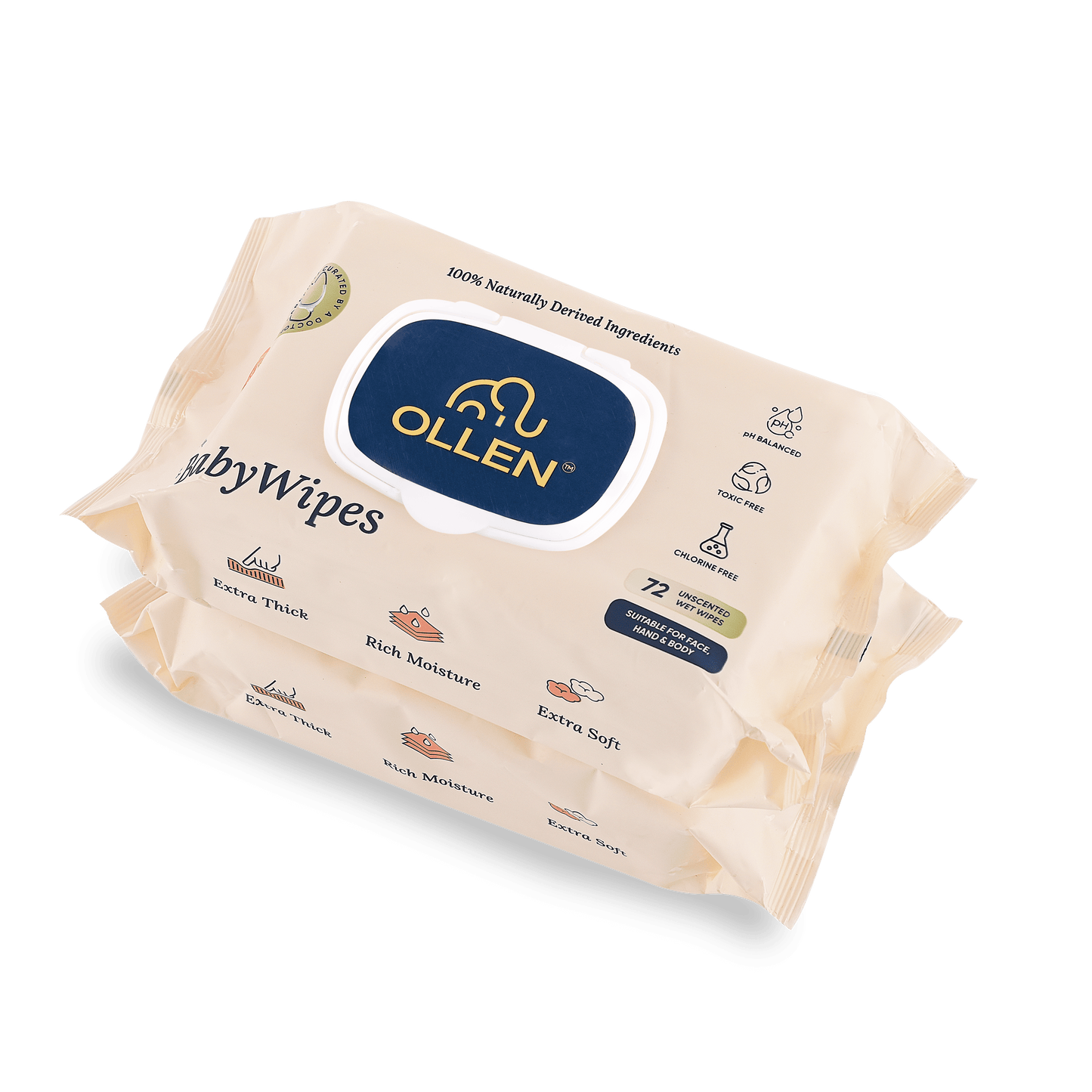 OLLEN Pure water Unscented Baby Wipes with lid- Safe, 100% Plant Made Fabric, Cotton Cloth Like Super thick, Dermatologically Tested- Natural Wet Wipes with Aloe vera & Chamomile( Wipes Pack )