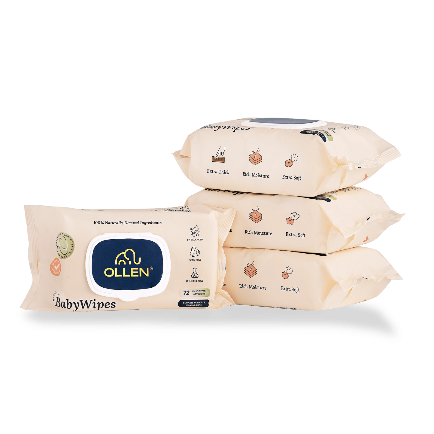 OLLEN Pure water Unscented Baby Wipes with lid- Safe, 100% Plant Made Fabric, Cotton Cloth Like Super thick, Dermatologically Tested- Natural Wet Wipes with Aloe vera & Chamomile( Wipes Pack )