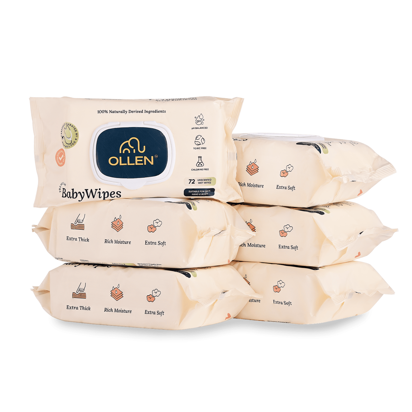 OLLEN Pure water Unscented Baby Wipes with lid- Safe, 100% Plant Made Fabric, Cotton Cloth Like Super thick, Dermatologically Tested- Natural Wet Wipes with Aloe vera & Chamomile( Wipes Pack )