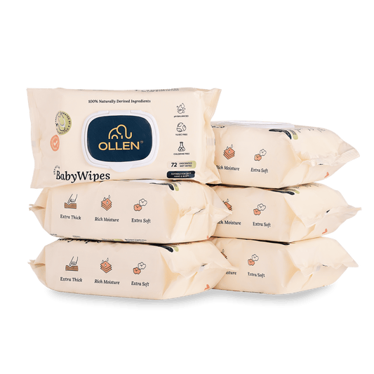 OLLEN Pure Water Unscented Baby Wipes - Safe, 100% Plant Made Fabric, Naturally Derived ( Wipes Pack of 6 )