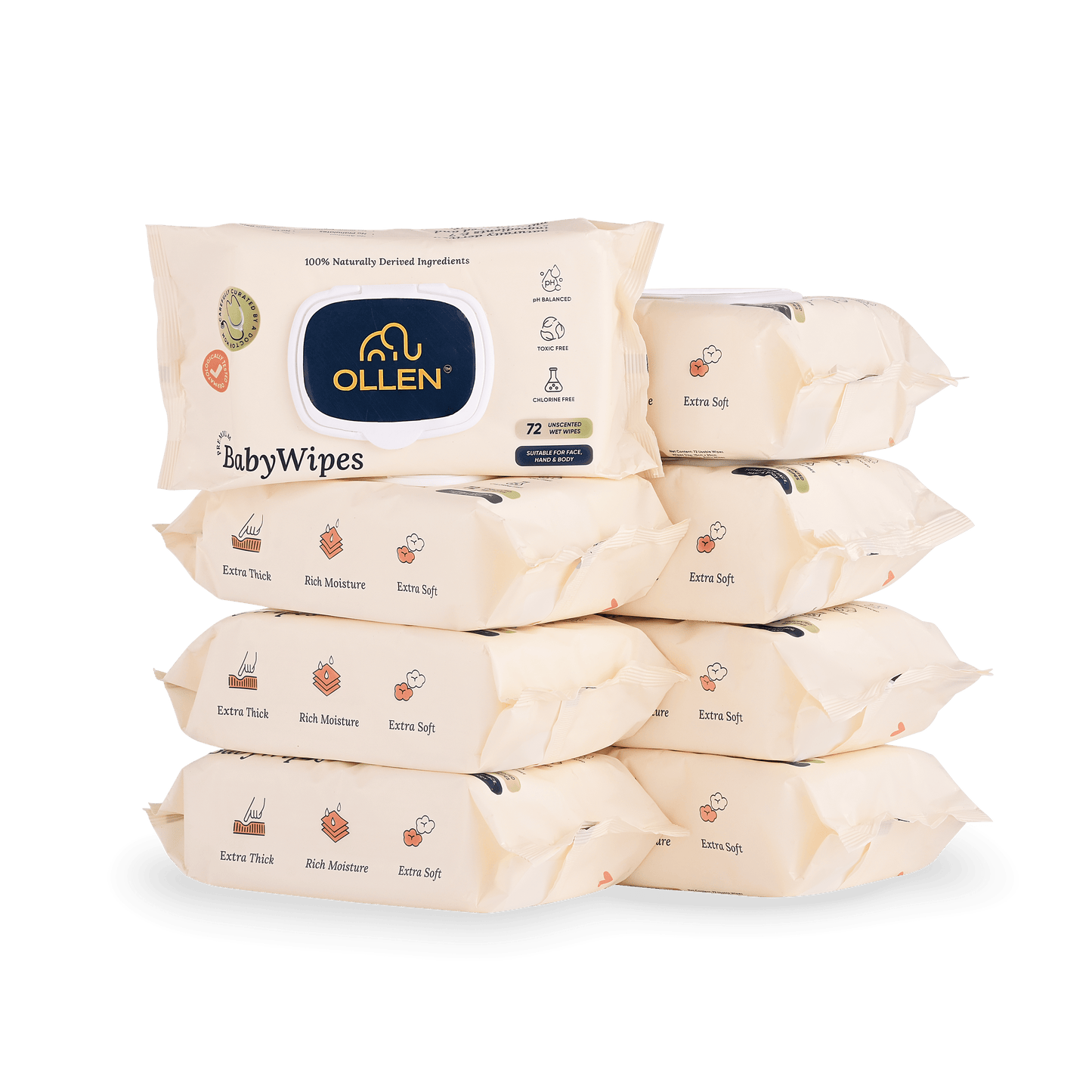 OLLEN Pure water Unscented Baby Wipes with lid- Safe, 100% Plant Made Fabric, Cotton Cloth Like Super thick, Dermatologically Tested- Natural Wet Wipes with Aloe vera & Chamomile ( Wipes Pack of 8 )