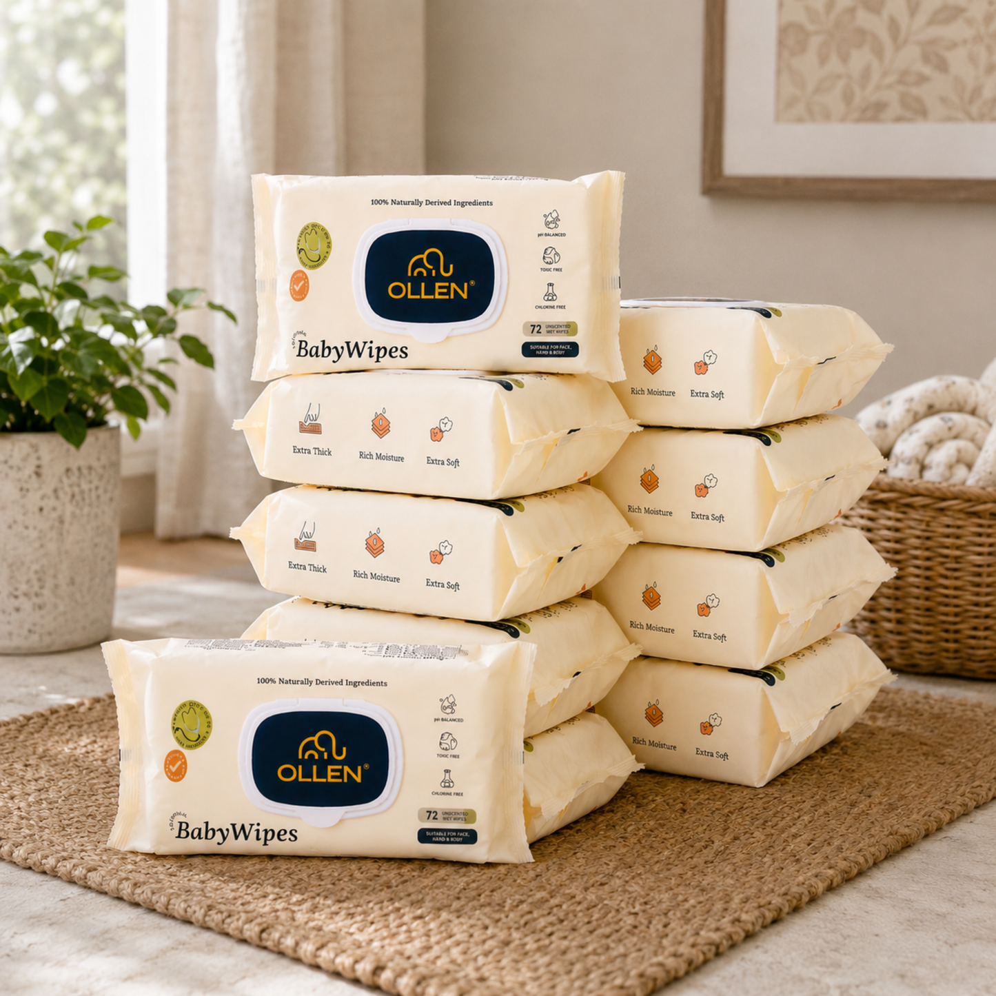 OLLEN Pure Water Unscented Baby Wipes (Pack of 10)
