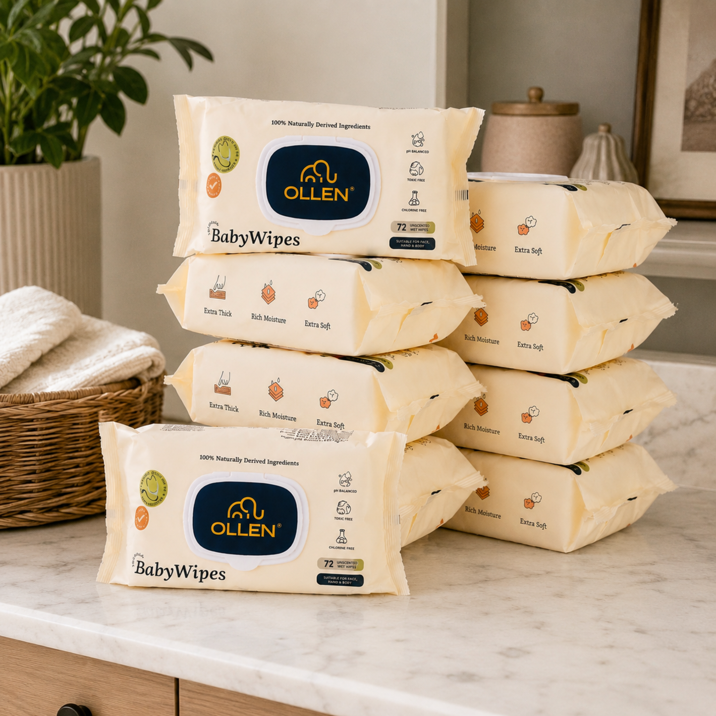 OLLEN Pure Water Unscented Baby Wipes (Pack of 10)