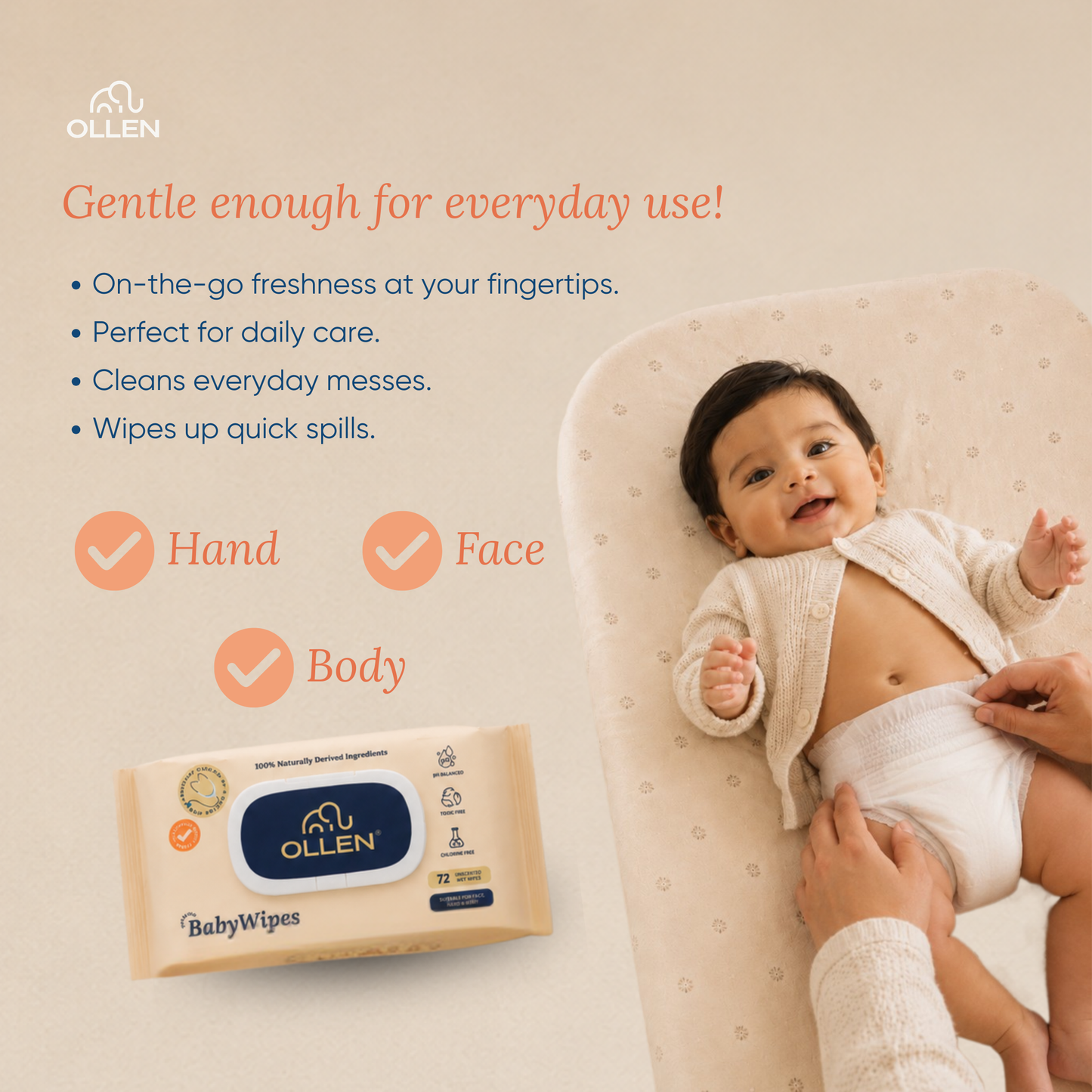 OLLEN PureTouch Baby Wipes ( Wipes Pack of 12 )