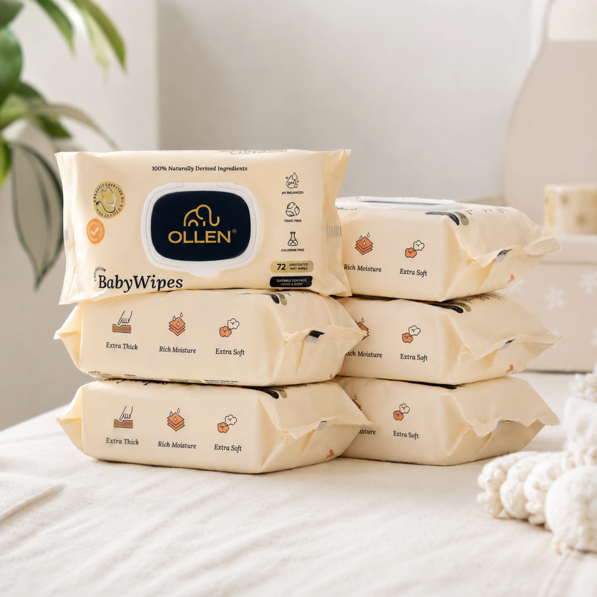 OLLEN PureTouch Baby Wipes (Wipes Pack of 6)