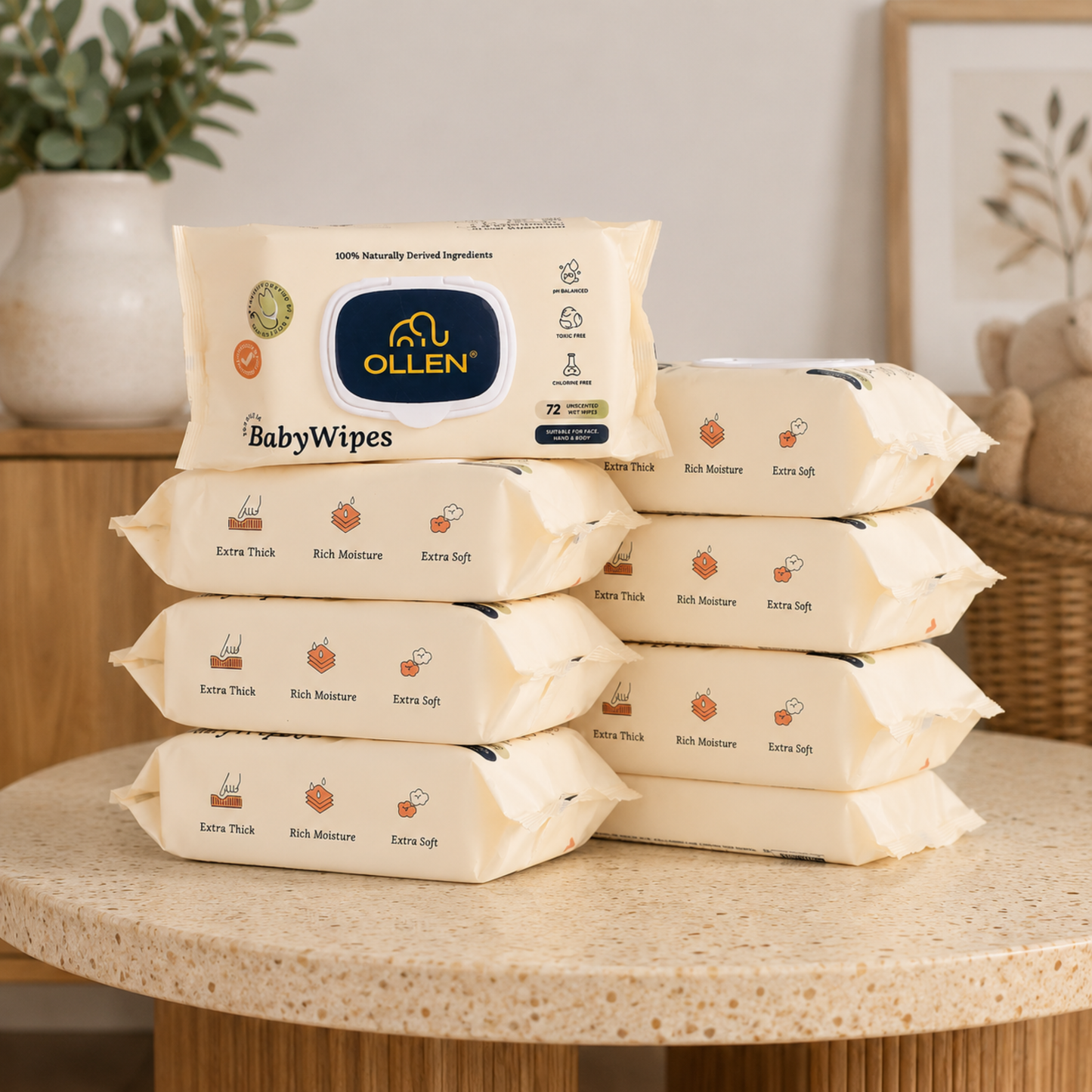 OLLEN Pure water Unscented Baby Wipes with lid- ( Wipes Pack of 8 )