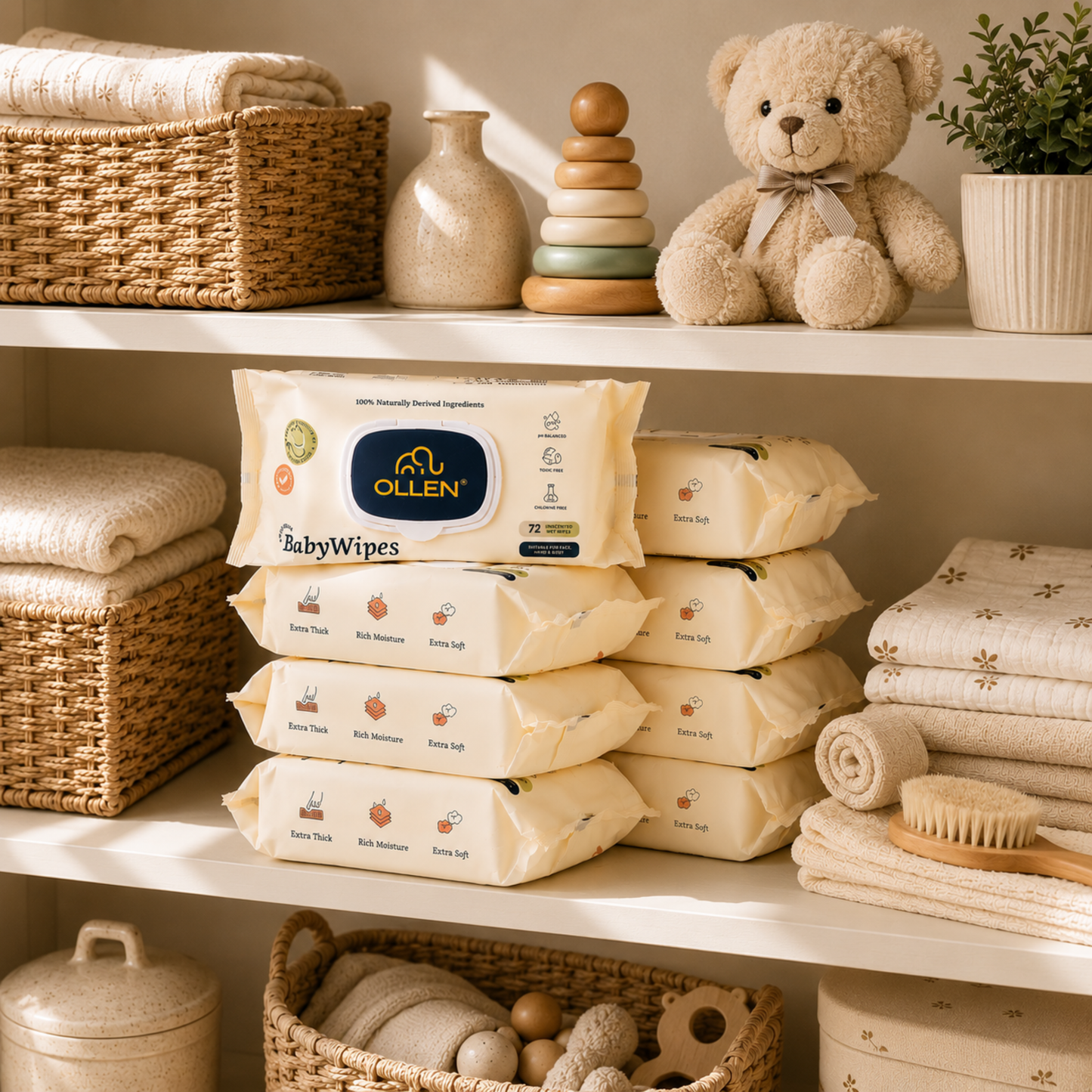 OLLEN Pure water Unscented Baby Wipes with lid- ( Wipes Pack of 8 )